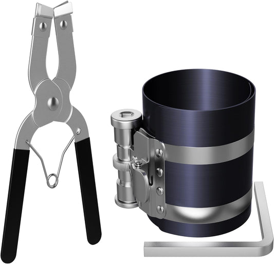 Piston Ring Compressor Tool,Car Engine Piston Ring Installer Removal Kitï¼Adjustable Sizes From 2-1/8 Inches To 7 Inches (53mm - 175mm) with Piston Installer Plier.