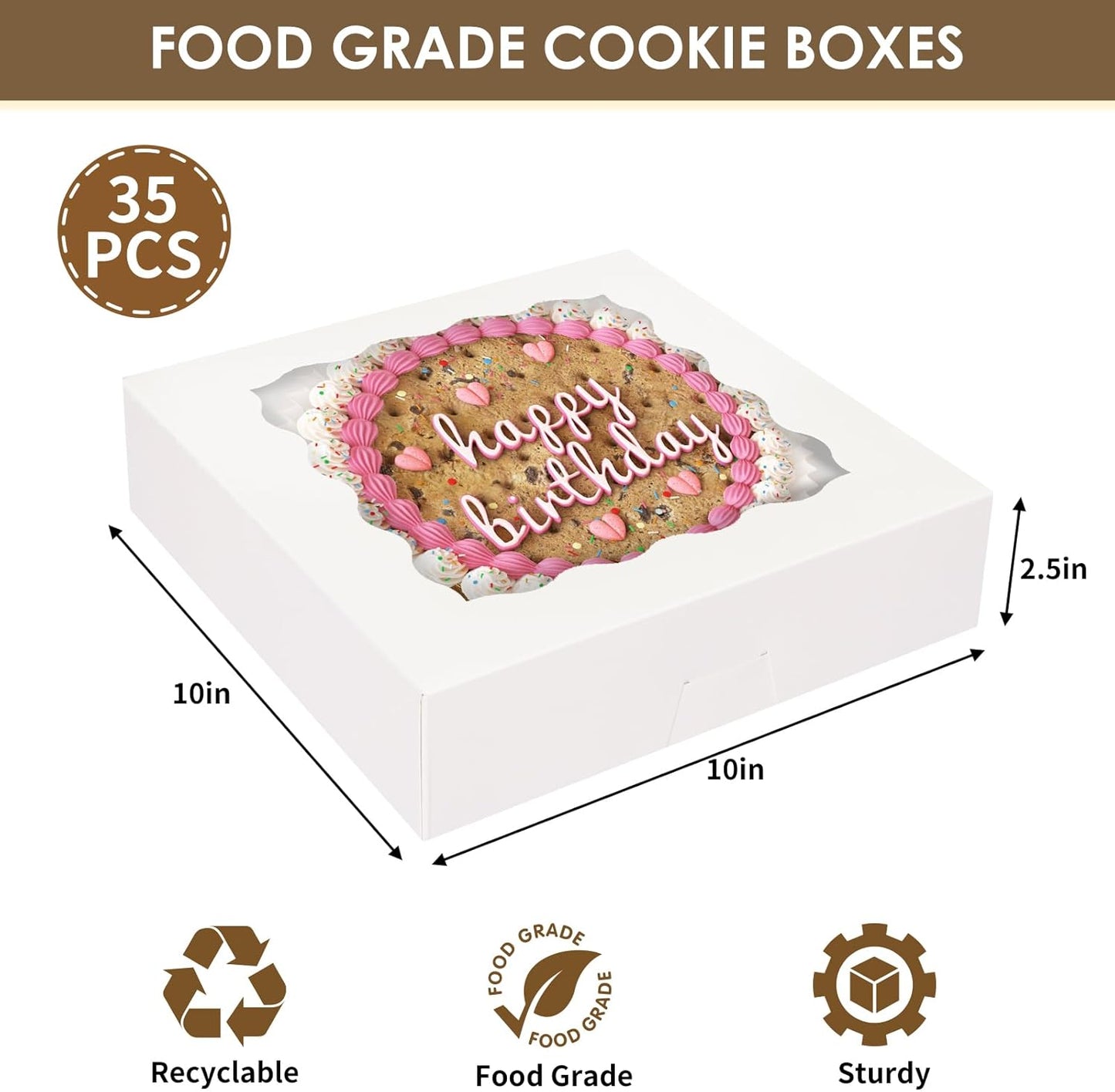 35pcs Bakery Boxes, 10x10x2.5 Inches Auto-Popup Cookie Boxes with Window for Pie, Cookie Cake, Treats, Pastries, Chocolate Covered Strawberries