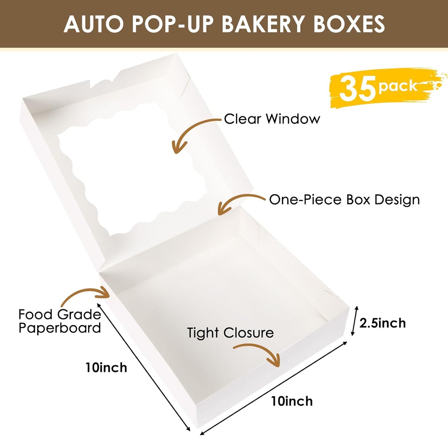 35pcs Bakery Boxes, 10x10x2.5 Inches Auto-Popup Cookie Boxes with Window for Pie, Cookie Cake, Treats, Pastries, Chocolate Covered Strawberries