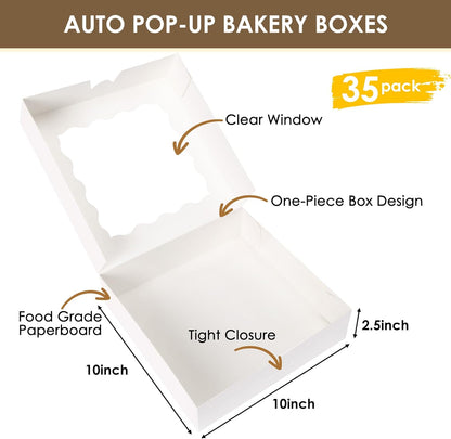 35pcs Bakery Boxes, 10x10x2.5 Inches Auto-Popup Cookie Boxes with Window for Pie, Cookie Cake, Treats, Pastries, Chocolate Covered Strawberries