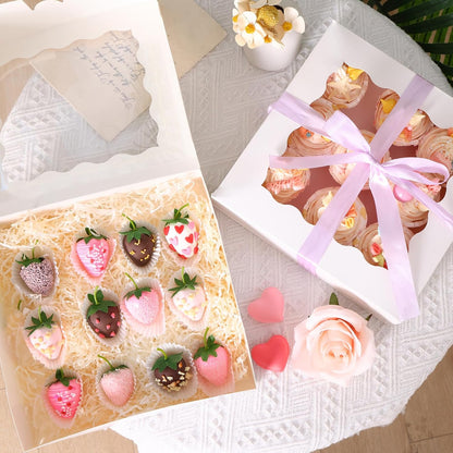 35pcs Bakery Boxes, 10x10x2.5 Inches Auto-Popup Cookie Boxes with Window for Pie, Cookie Cake, Treats, Pastries, Chocolate Covered Strawberries