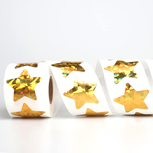 1.5" Large Holographic Gold Star Stickers for Kids Reward, 500 Pcs Foil Star Metallic Stickers Roll for Behavior Chart, Student Planner and School Classroom Teacher Supplies