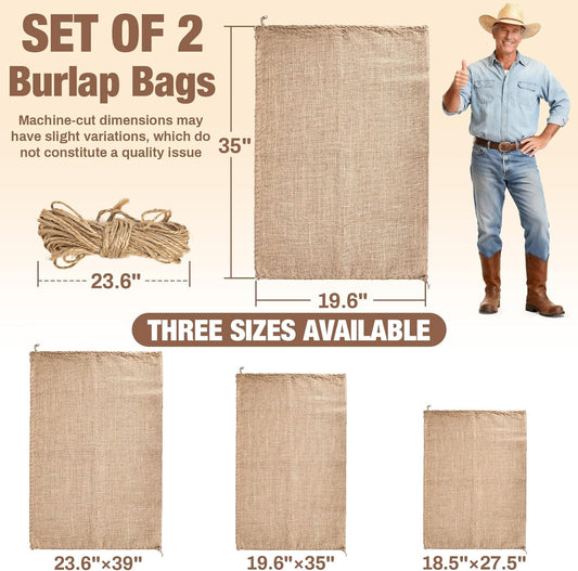 2 PCS Burlap Sack - 19.6" x 35" Burlap Bags for Plants High Density Natural Jute Bag of Potatoe Storage Plant Grow Bags with Rope Potato Sacks Race Bag Halloween,Christmas Decorations