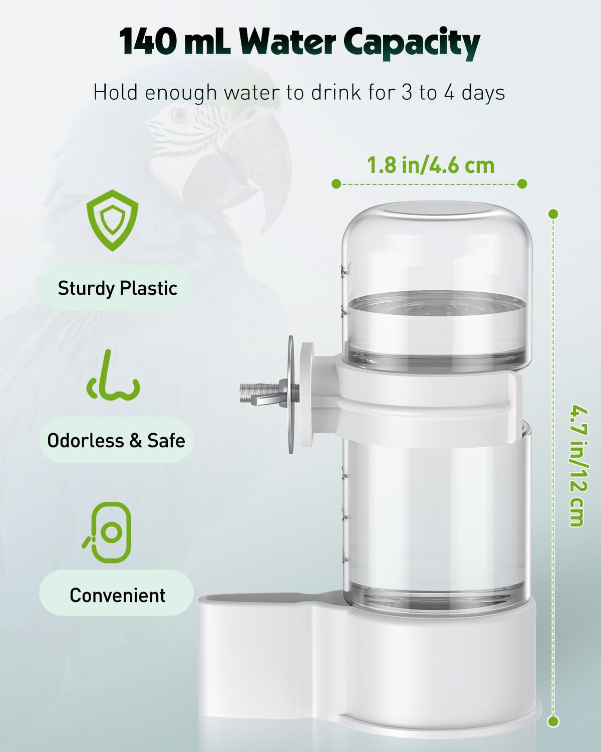 Bird Water Dispenser, Automatic Water Feeder, Plastic Cage Water Dispenser, White Parrot Waterer for Small Parakeet Cockatiel Budgie Lovebirds (Not Fit for Food Feeding)