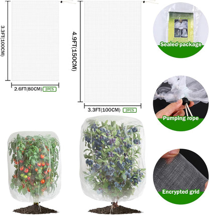 4 Pack Garden Mesh Netting for Plants 2.6x3.3ft - 3.3x4.9ft Insect Bird Netting Pest Barrier Bag with Drawstring 2 Size Fruits Tree Blueberry Bush Netting Cover Bag Protection for Vegetables Tomato