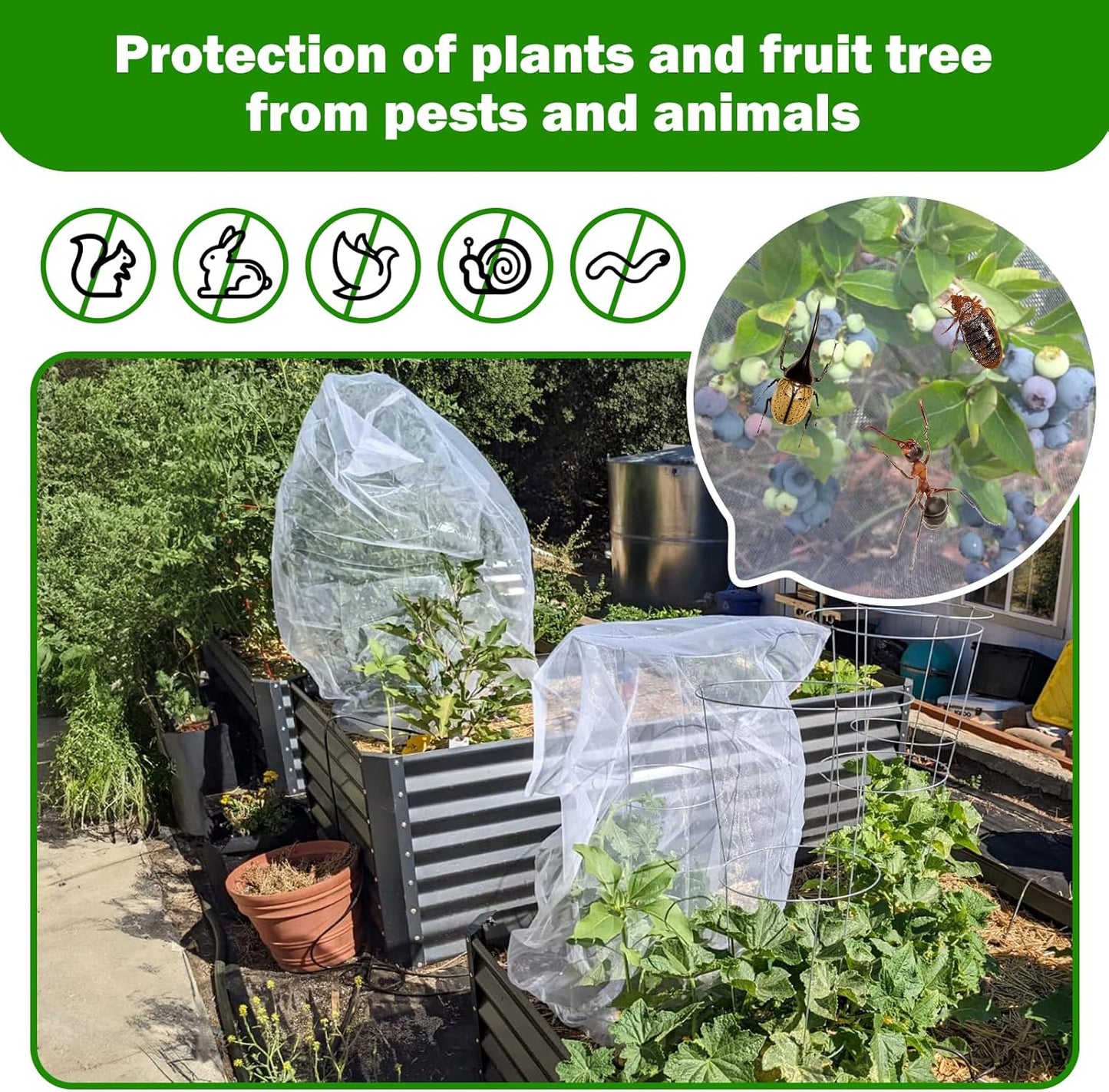 4 Pack Garden Mesh Netting for Plants 2.6x3.3ft - 3.3x4.9ft Insect Bird Netting Pest Barrier Bag with Drawstring 2 Size Fruits Tree Blueberry Bush Netting Cover Bag Protection for Vegetables Tomato