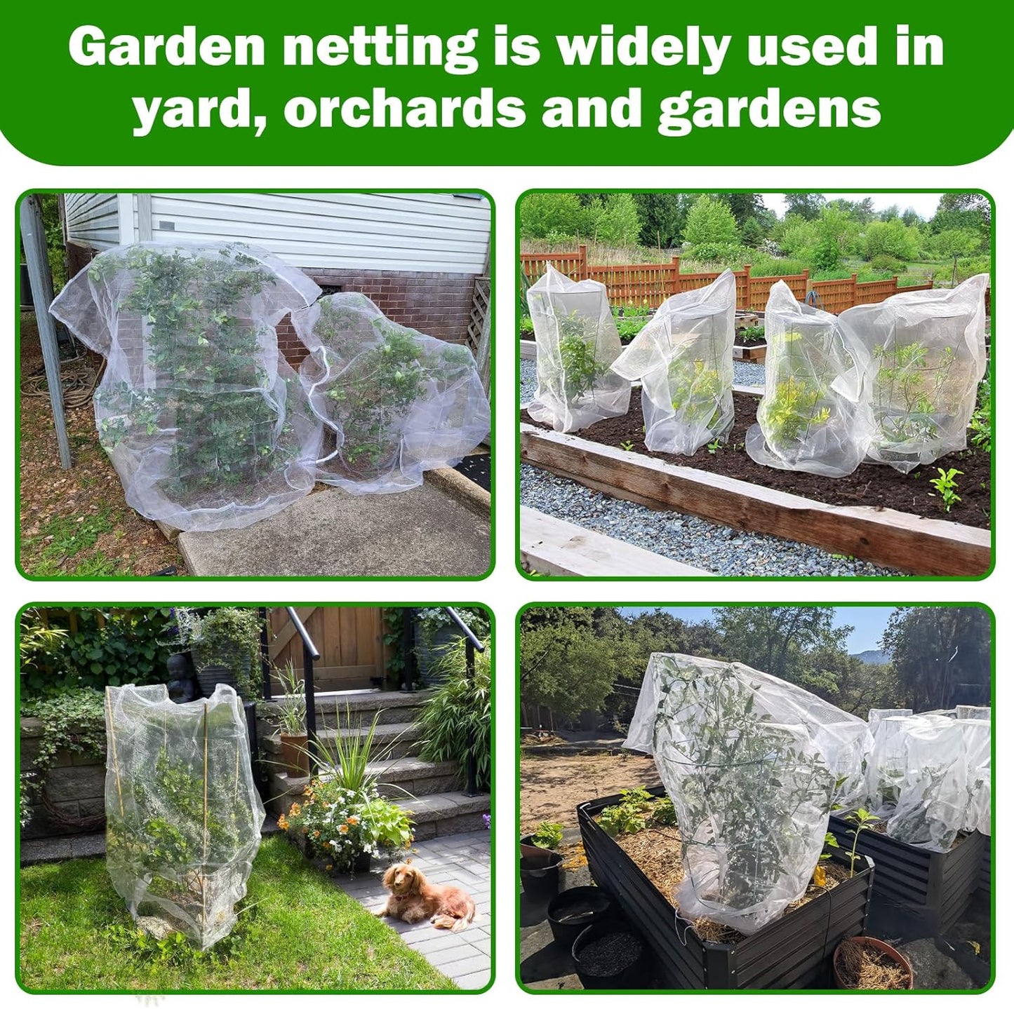 4 Pack Garden Mesh Netting for Plants 2.6x3.3ft - 3.3x4.9ft Insect Bird Netting Pest Barrier Bag with Drawstring 2 Size Fruits Tree Blueberry Bush Netting Cover Bag Protection for Vegetables Tomato