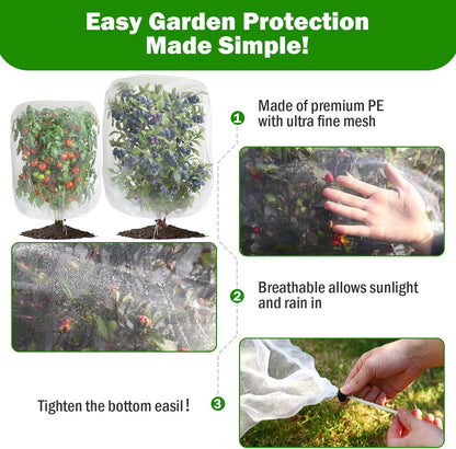4 Pack Garden Mesh Netting for Plants 2.6x3.3ft - 3.3x4.9ft Insect Bird Netting Pest Barrier Bag with Drawstring 2 Size Fruits Tree Blueberry Bush Netting Cover Bag Protection for Vegetables Tomato