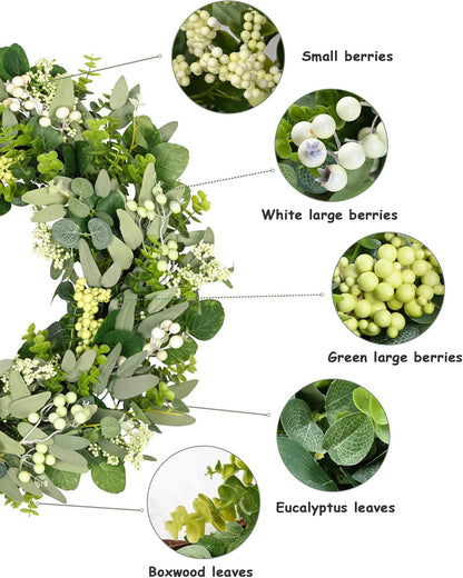24-26 Inch Artificial Spring Summer Greenery Christmas Wreaths for Front Door Green Eucalyptus Leaf Wreath Decor Boxwood with Big Berries for Farmhouse Outside Year Round