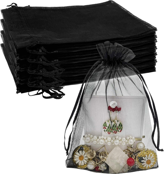100PCS Sheer Organza Bag 5''X7'' Black Mesh Bags Drawstring Gift Bag Small for Jewelry Goodie Candy Wedding Party Favor Pouch Bags (Black).