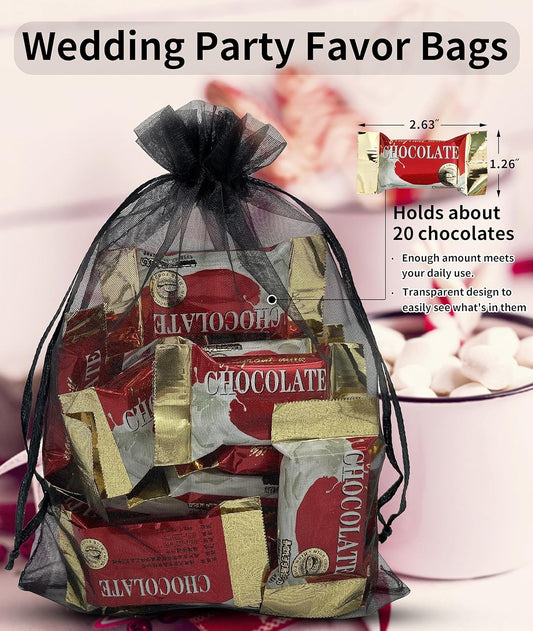 100PCS Sheer Organza Bag 5''X7'' Black Mesh Bags Drawstring Gift Bag Small for Jewelry Goodie Candy Wedding Party Favor Pouch Bags (Black).