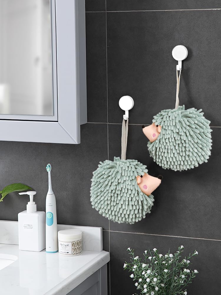 Fuzzy Ball Hand Towels (Set of 2) - Dry Your Hands conveniently with This Creative Hand Towel Hedgehog Decorative Towels for Bathroom (Pack of 2, Mint)