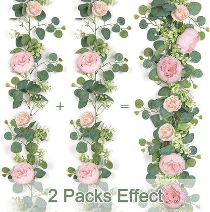 2 Pack 13FT Flower Garland, Artificial Rose Vine Fake Flower Garland Silk Rose Peony Hanging Vine Faux Floral Garlands for Wedding Party Arch Table Wall Backdrop Decoration (Light Pink, 2PCS)
