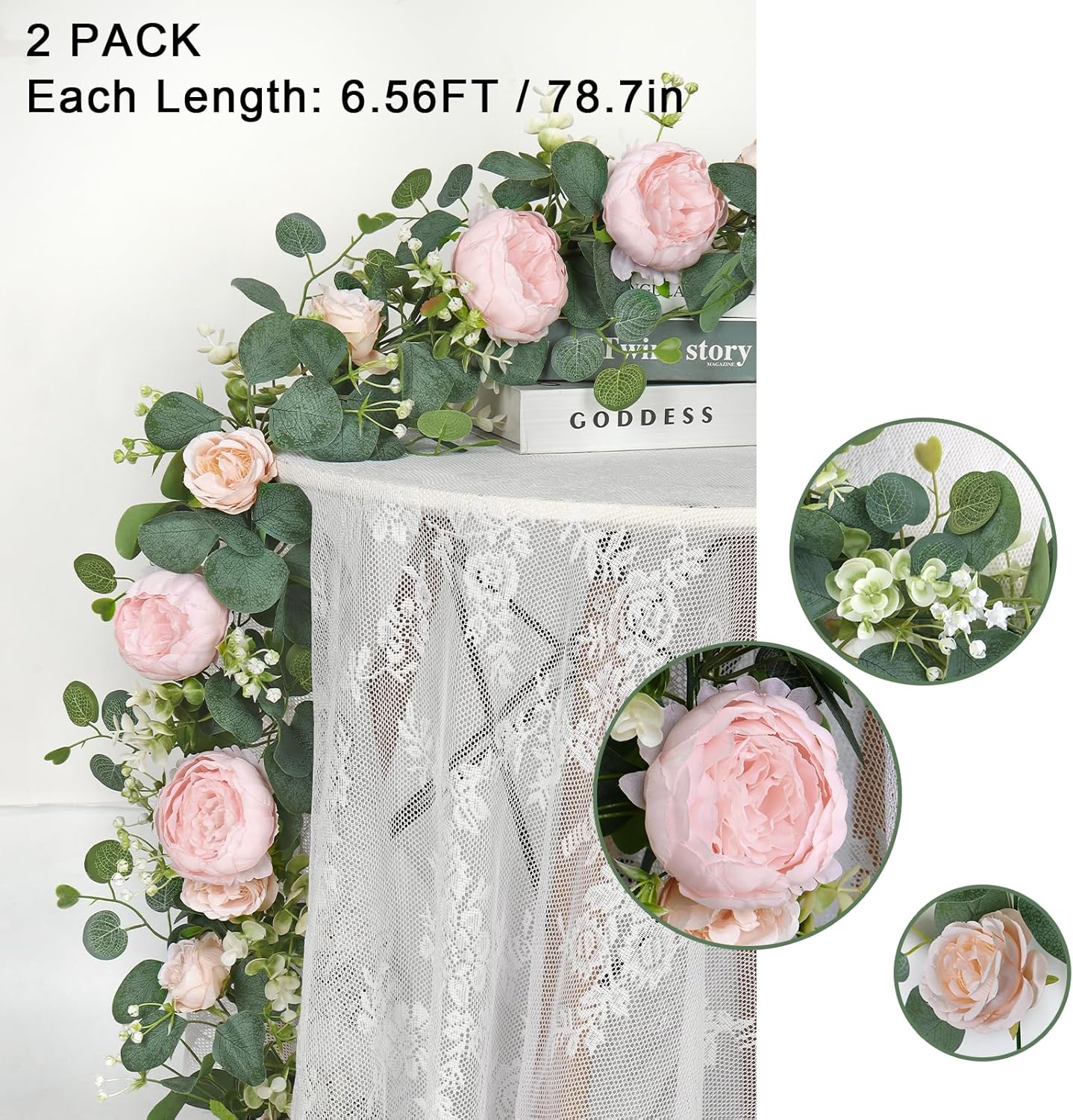2 Pack 13FT Flower Garland, Artificial Rose Vine Fake Flower Garland Silk Rose Peony Hanging Vine Faux Floral Garlands for Wedding Party Arch Table Wall Backdrop Decoration (Light Pink, 2PCS)