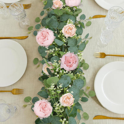 2 Pack 13FT Flower Garland, Artificial Rose Vine Fake Flower Garland Silk Rose Peony Hanging Vine Faux Floral Garlands for Wedding Party Arch Table Wall Backdrop Decoration (Light Pink, 2PCS)