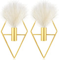 2 Pcs Boho Wall Decor Metal Gold Wall Art Hanging Planters with Artificial Pampas Modern Home Decor Display Art for Living Room Bedroom Bathroom(Rhombus)