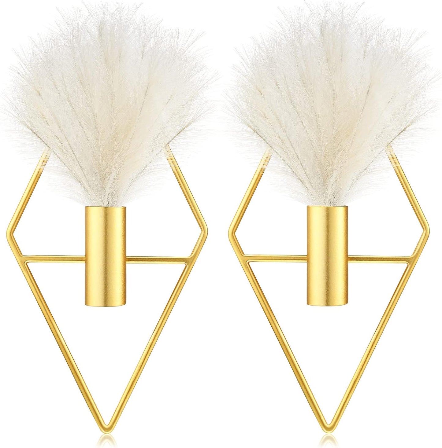 2 Pcs Boho Wall Decor Metal Gold Wall Art Hanging Planters with Artificial Pampas Modern Home Decor Display Art for Living Room Bedroom Bathroom(Rhombus)