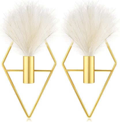 2 Pcs Boho Wall Decor Metal Gold Wall Art Hanging Planters with Artificial Pampas Modern Home Decor Display Art for Living Room Bedroom Bathroom(Rhombus)