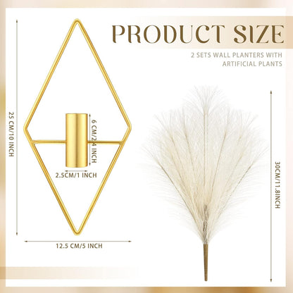 2 Pcs Boho Wall Decor Metal Gold Wall Art Hanging Planters with Artificial Pampas Modern Home Decor Display Art for Living Room Bedroom Bathroom(Rhombus)