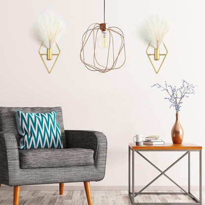 2 Pcs Boho Wall Decor Metal Gold Wall Art Hanging Planters with Artificial Pampas Modern Home Decor Display Art for Living Room Bedroom Bathroom(Rhombus)