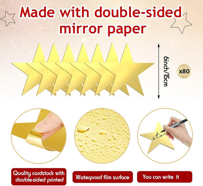 80 Pieces Stars Cutouts Glitter Double Printed Paper Cardboard Stars Decorations for Bulletin Board Classroom Wall Party Decoration Supply, 6 Inches(Gold)