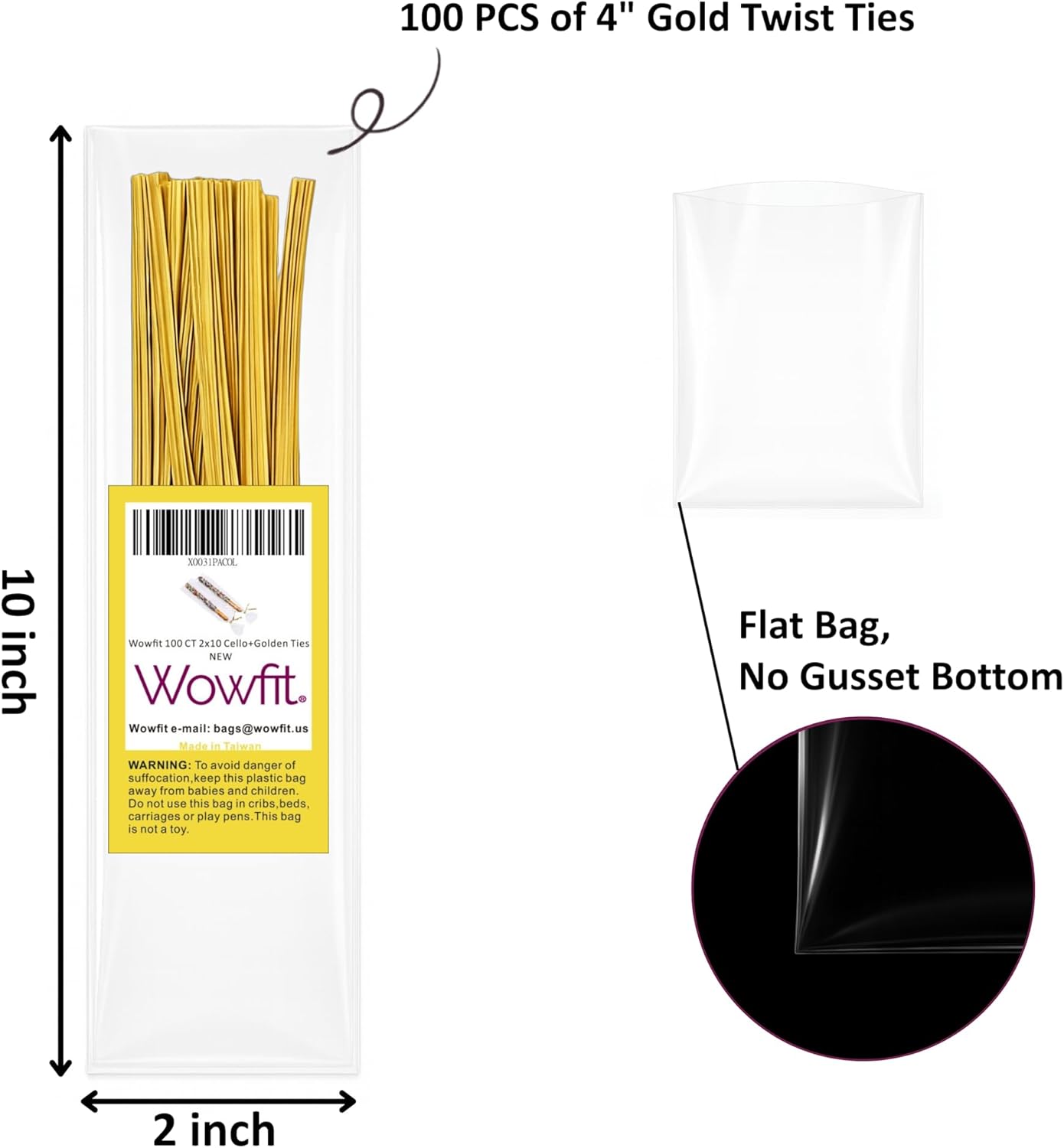 100 CT 2x10 Inch Clear Flat Cellophane Treat Bags with 4” Gold Twist Ties, Cello Packaging for Pretzel Rods, Cookies, Candies and Jewelry Wrappers