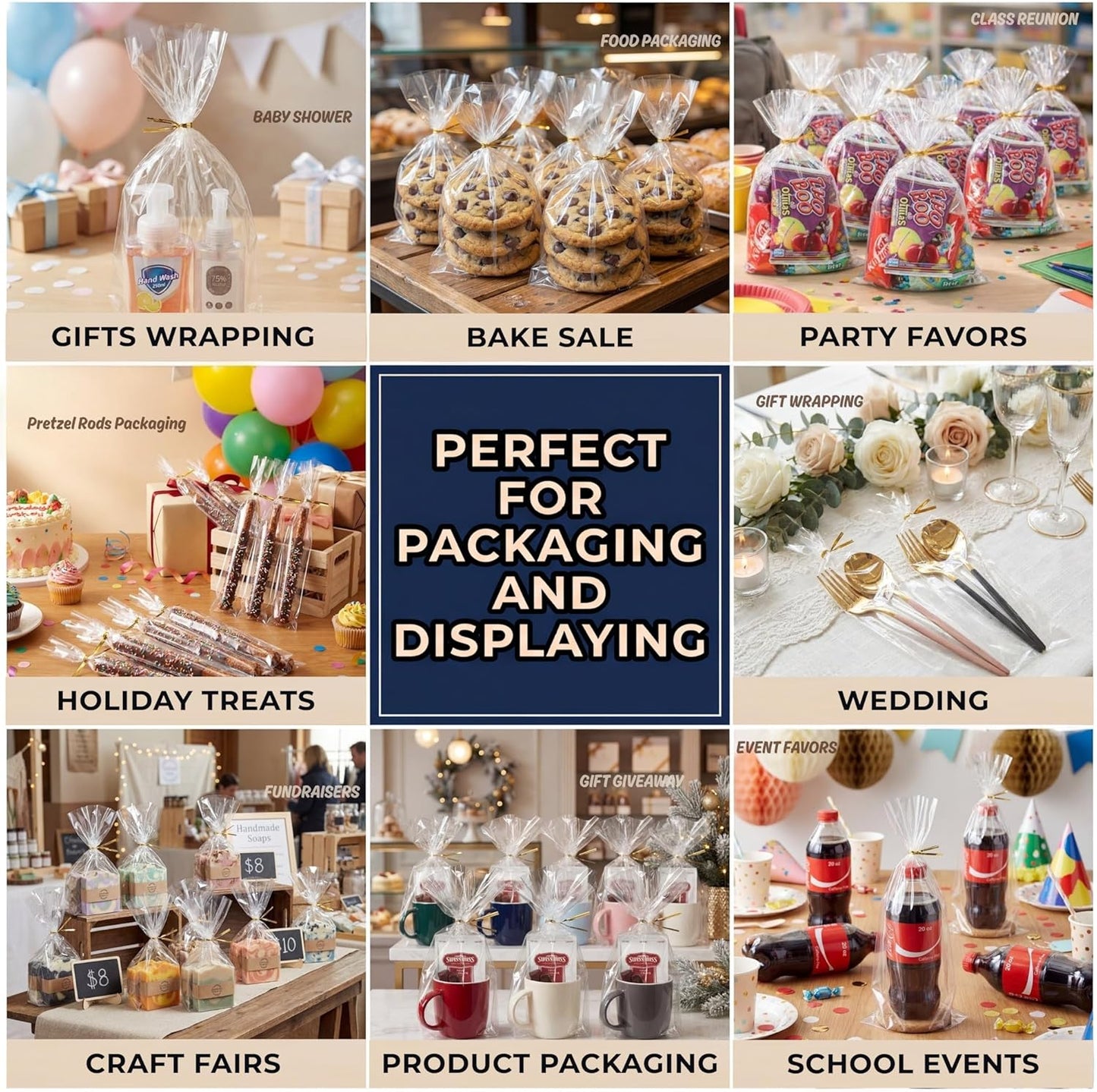 100 CT 2x10 Inch Clear Flat Cellophane Treat Bags with 4” Gold Twist Ties, Cello Packaging for Pretzel Rods, Cookies, Candies and Jewelry Wrappers