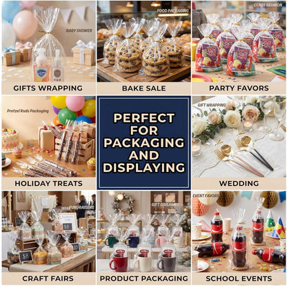 100 CT 2x10 Inch Clear Flat Cellophane Treat Bags with 4” Gold Twist Ties, Cello Packaging for Pretzel Rods, Cookies, Candies and Jewelry Wrappers