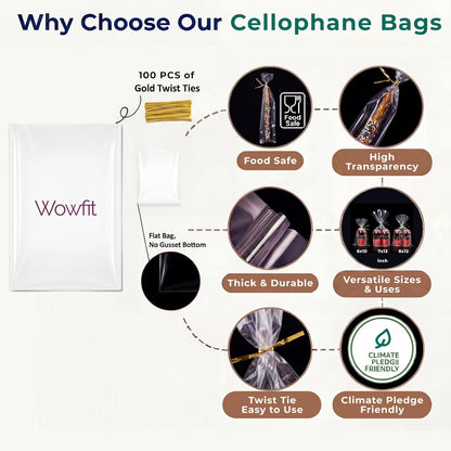 100 CT 2x10 Inch Clear Flat Cellophane Treat Bags with 4” Gold Twist Ties, Cello Packaging for Pretzel Rods, Cookies, Candies and Jewelry Wrappers
