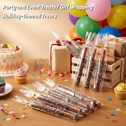 100 CT 2x10 Inch Clear Flat Cellophane Treat Bags with 4” Gold Twist Ties, Cello Packaging for Pretzel Rods, Cookies, Candies and Jewelry Wrappers