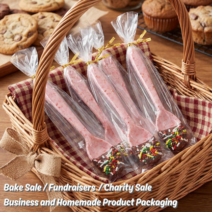 100 CT 2x10 Inch Clear Flat Cellophane Treat Bags with 4” Gold Twist Ties, Cello Packaging for Pretzel Rods, Cookies, Candies and Jewelry Wrappers