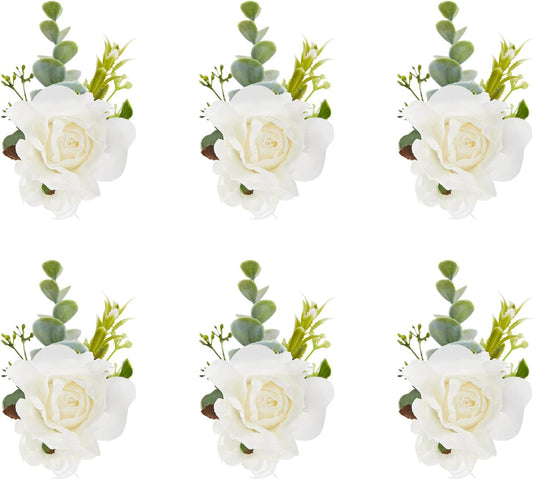 White Ivory Rose Wrist Corsage, Set of 6, Wedding Bridal Flower Corsage Hand Decor for Prom Party Homecoming, Wristband Flowers Bride, Bridesmaid, Girl.