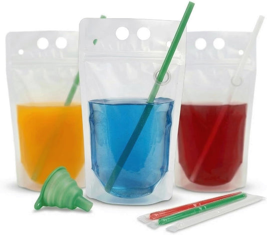 100PCS Drink Pouches with Side Straw Port, Resealable Leak-Resistant Beverage Bags with Straws & Funnel, 17oz Bulk Party Drink Containers for Cocktails, Juice & Slushies.