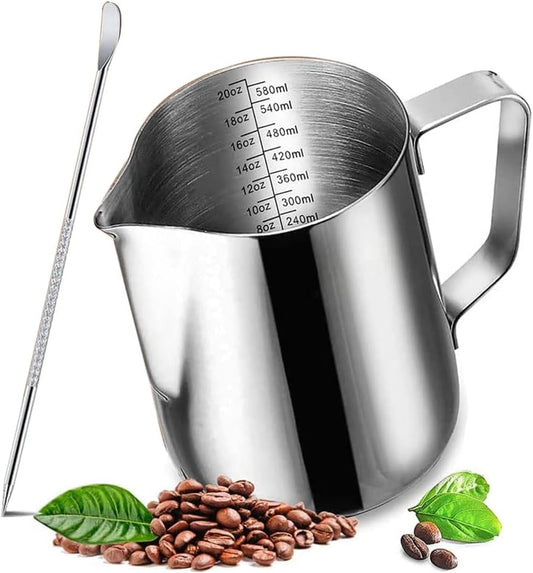 20 oz Milk Frothing Pitcher, 304 stainless steel 600ml milk can coffee frothing cup with art deco pen milk jug coffee cup used to make cappuccino latte.