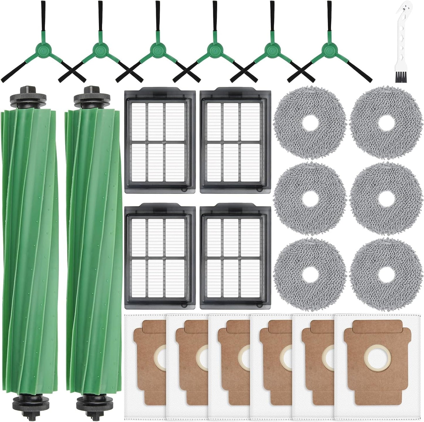 25 Pcs Replacement Parts for iRobot Roomba Plus 405 Combo/505 Combo /507 Combo Robot Vacuum Cleaner, include 2 Main Brushes, 6 Dust Bags, 6 Mop Pads, 4 Filters, 6 Side Brushes and 1 Cleaning Tool.