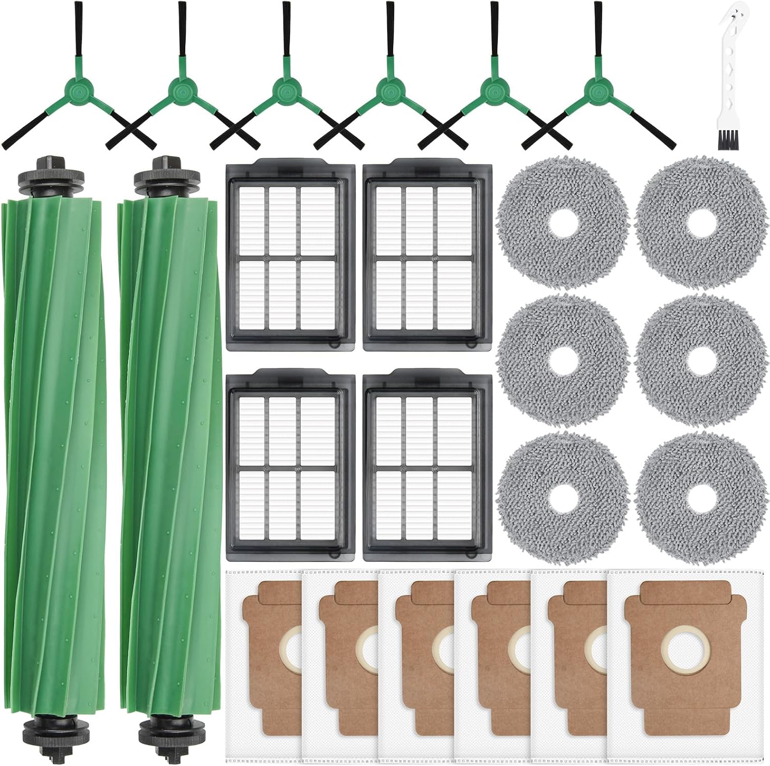 25 Pcs Replacement Parts for iRobot Roomba Plus 405 Combo/505 Combo /507 Combo Robot Vacuum Cleaner, include 2 Main Brushes, 6 Dust Bags, 6 Mop Pads, 4 Filters, 6 Side Brushes and 1 Cleaning Tool.