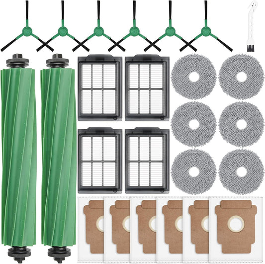 25 Pcs Replacement Parts for iRobot Roomba Plus 405 Combo/505 Combo /507 Combo Robot Vacuum Cleaner, include 2 Main Brushes, 6 Dust Bags, 6 Mop Pads, 4 Filters, 6 Side Brushes and 1 Cleaning Tool.