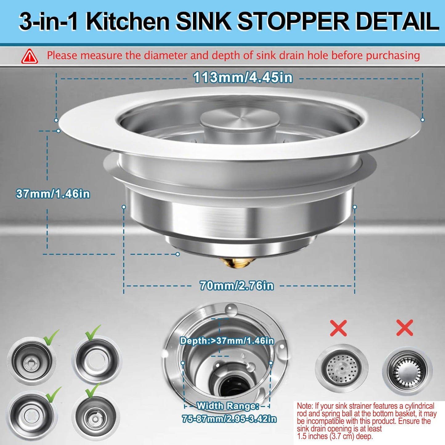 3-in-1 Kitchen Sink Drain Strainer Stopper, Upgraded Stainless Steel Sink Plug with Anti-Clog Filter Basket, Fits Standard 3-1/2 Inch Drain Hole, Pop Up Garbage Disposal Cover Food Catcher
