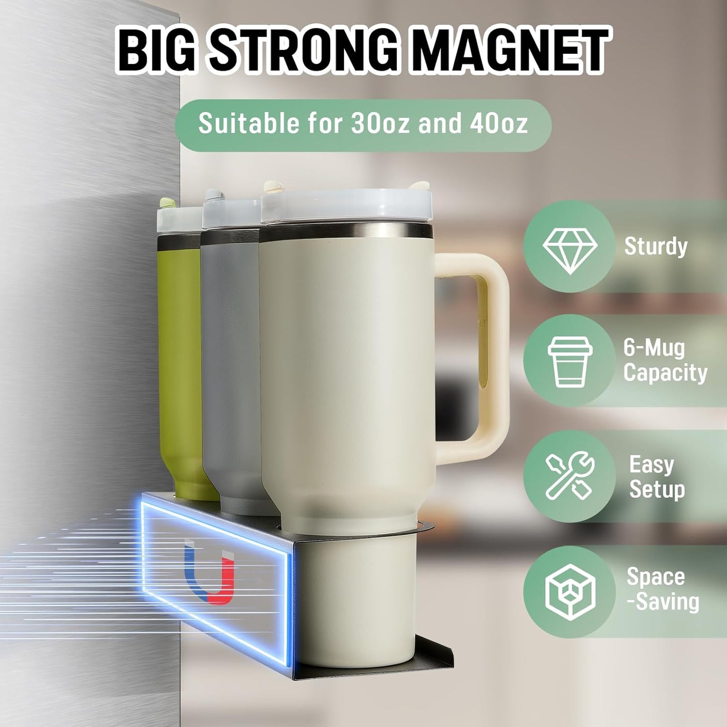 2 Pack Magnetic Stanley Cup Holder Water Bottle Organizer for Stanley 30&40 oz Tumbler with Double Sided Tape Hold Stanley Cup Accessories for Kitchen Fridge Cabinet