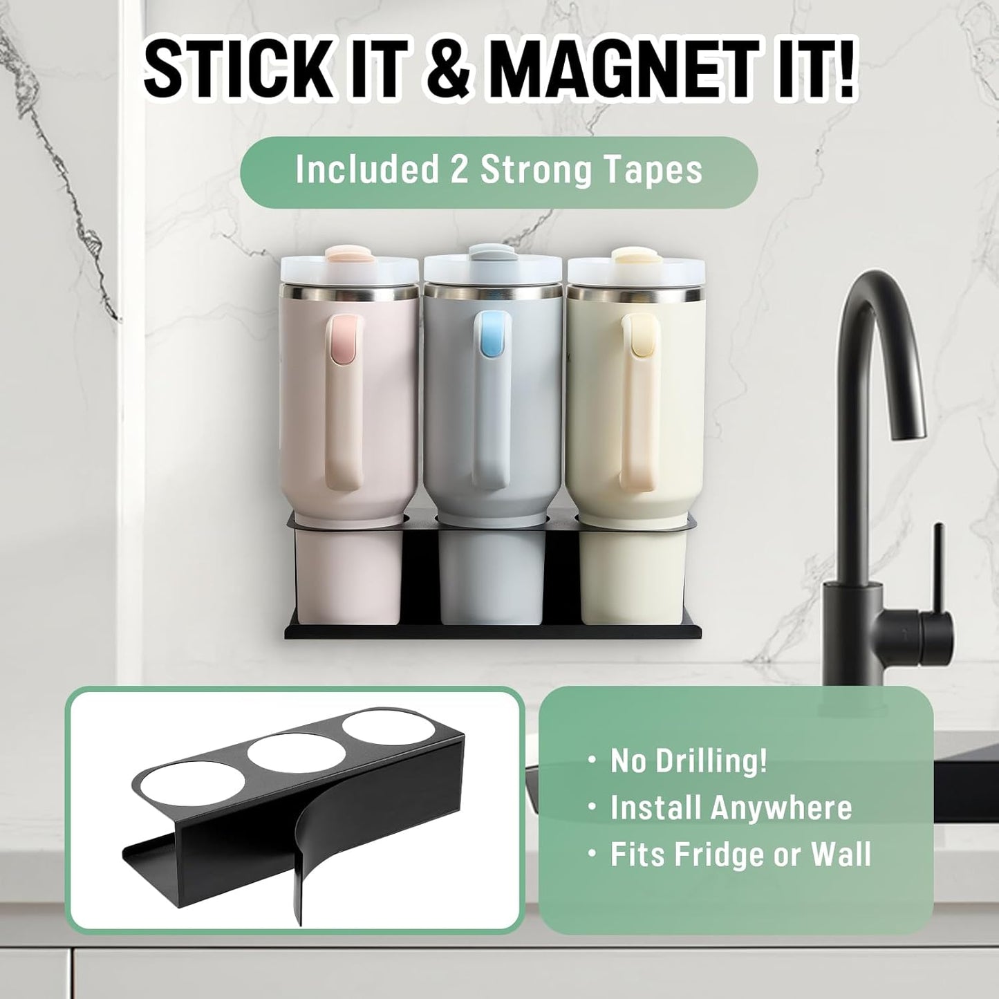 2 Pack Magnetic Stanley Cup Holder Water Bottle Organizer for Stanley 30&40 oz Tumbler with Double Sided Tape Hold Stanley Cup Accessories for Kitchen Fridge Cabinet