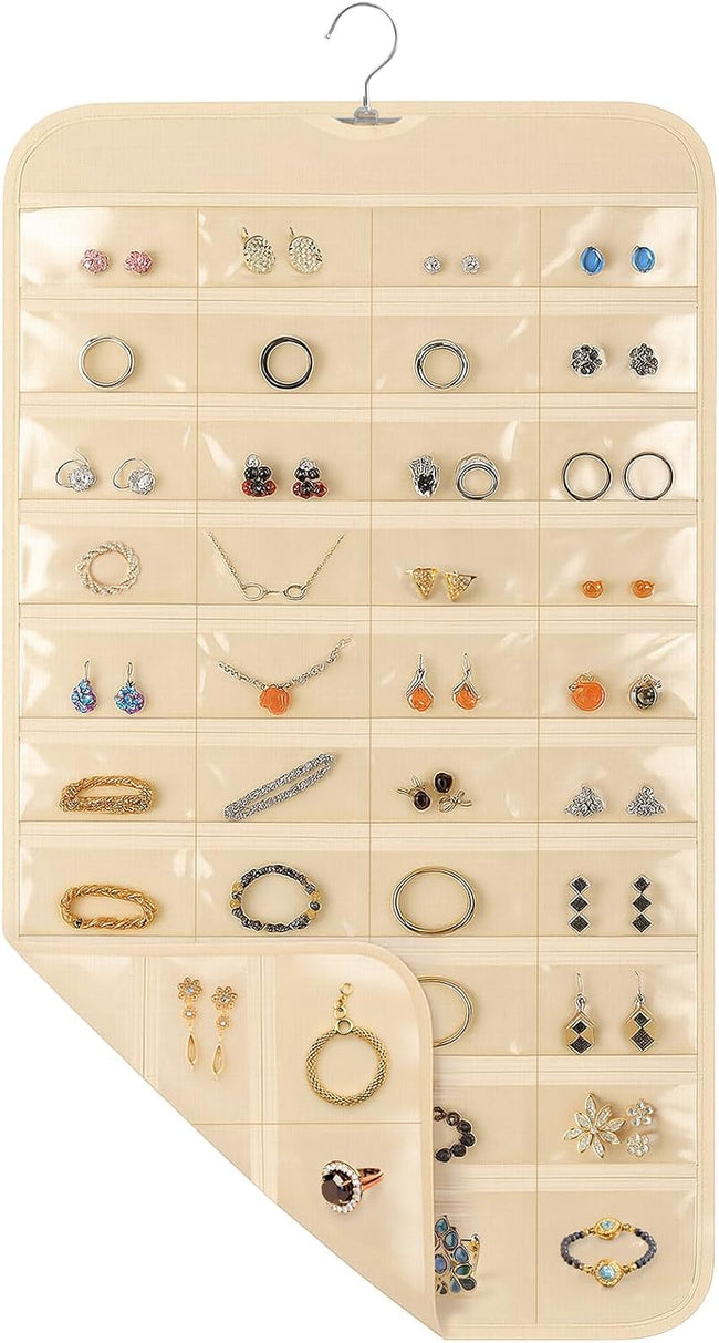 1 Pack Hanging Jewelry Organizer, 80 Clear Pockets earring organizer and storage, Accessories holder organizer for Closet, Jewelries, Necklace, Travel. Hover Image