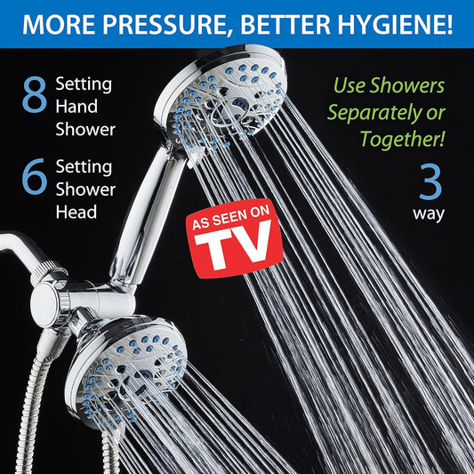 AquaCare As-Seen-On-TV High Pressure 48-setting Rain & Handheld 3-way Shower Head Combo - Anti-clog Nozzles/Tub, Tile & Pet Power Wash/Extra Long 6 ft. Hose/All Chrome Finish