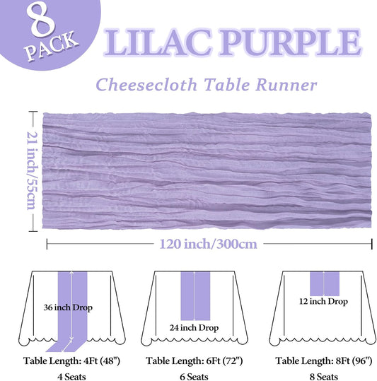 8 Pack Lilac Purple Cheesecloth Table Runner 10Ft Easter Spring Lavender Gauze Cheese Cloth Table Runner 120 Inch Boho Sheer Rustic Fabric for Holiday Decor Bridal Baby Shower Wedding Decoration