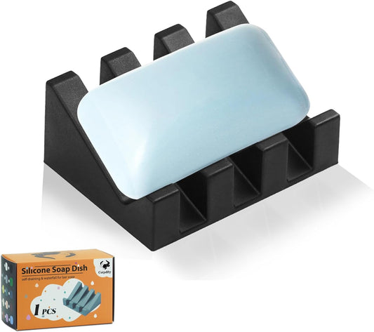 Self Draining Soap Dish Holder,Silicone Soap Dish,for Bathroom,Kitchen, Spongesï¼Can Extend Soap Lifeï¼Keep Soap Bars Dry and Easy Cleaning (Black,1-Pack).