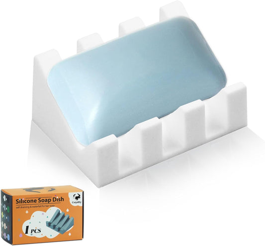 Self Draining Soap Dish Holder,Silicone Soap Dish,for Bathroom,Kitchen, Spongesï¼Can Extend Soap Lifeï¼Keep Soap Bars Dry and Easy Cleaning (White,1-Pack).