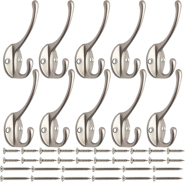10 Pack Dual Coat Hooks Wall Mounted with 40 Screws Retro Double Hooks Utility Silvery Hooks for Coat, Scarf, Bag, Towel, Key, Cap, Cup, Hat (Silvery). Hover Image
