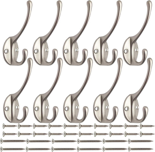 10 Pack Dual Coat Hooks Wall Mounted with 40 Screws Retro Double Hooks Utility Silvery Hooks for Coat, Scarf, Bag, Towel, Key, Cap, Cup, Hat (Silvery)