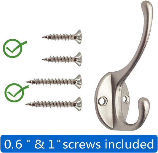 10 Pack Dual Coat Hooks Wall Mounted with 40 Screws Retro Double Hooks Utility Silvery Hooks for Coat, Scarf, Bag, Towel, Key, Cap, Cup, Hat (Silvery)