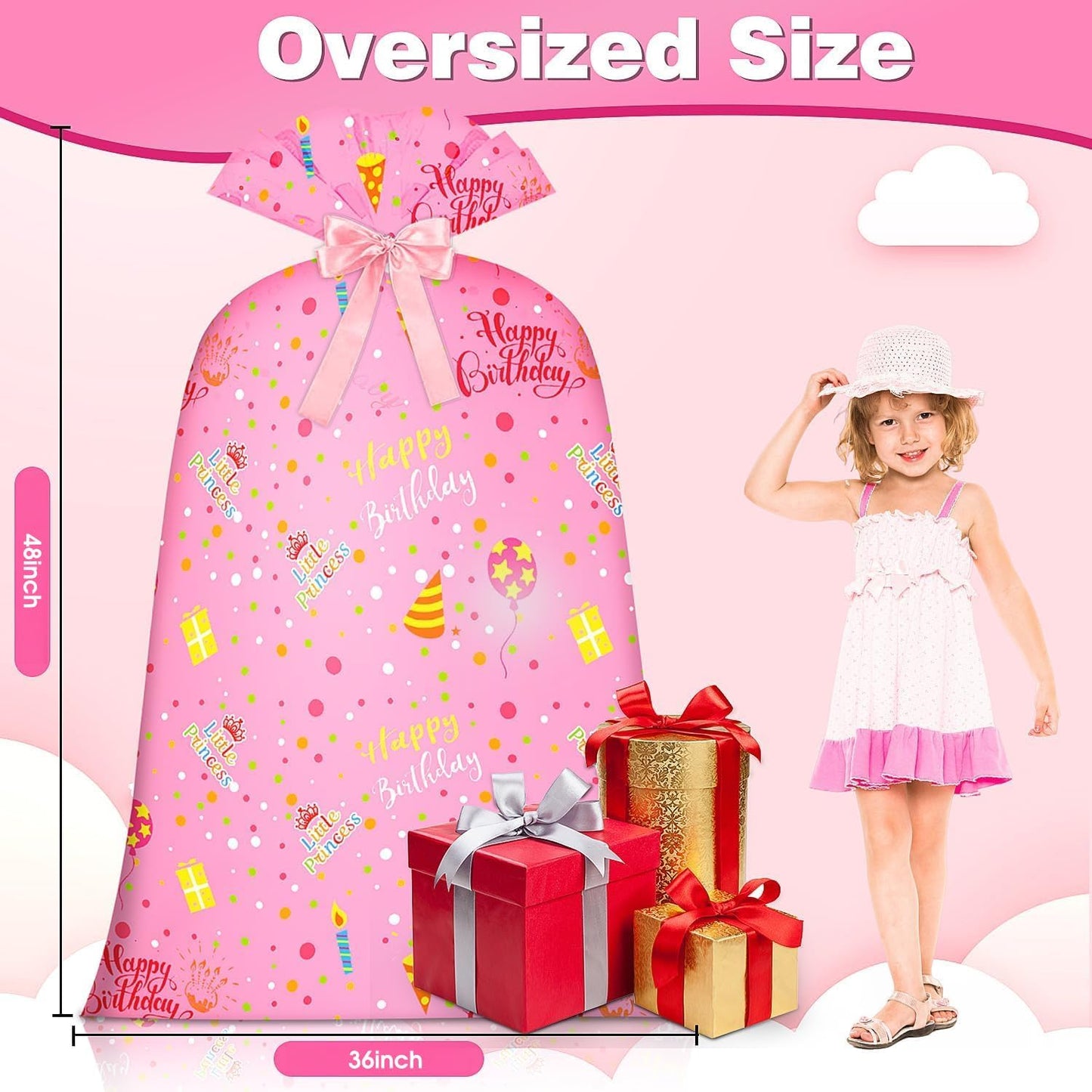 Extra Large Gift Bag Girl Birthday Jumbo Gift Bag, Bday Pink Giant Plastic Oversized Gift Bag Huge Gift Wrap Bag Birthday Bag Wrapping Bag for Large Gift(48inch 1Pack).