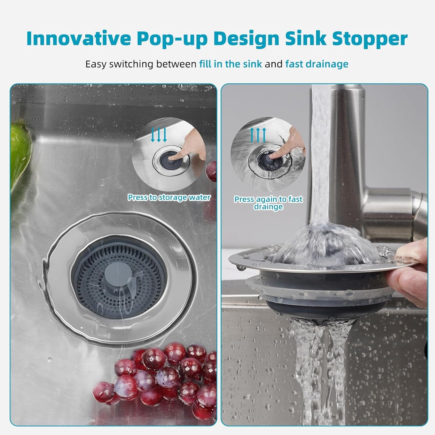 3 in 1 Kitchen Sink Drain Strainer, Stainless Steel Wrapped Shell Drain Stopper Combo, Pop Up Sink Stopper, Anti-Clogging Basket Strainer with Handle for US Standard 3-1/2" Drain